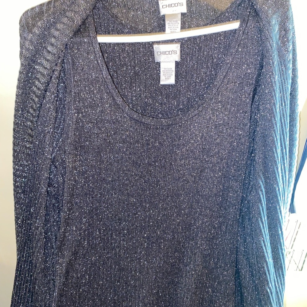 Chico's black & silver metallic open cardigan matching tank set Travelers Sz 1